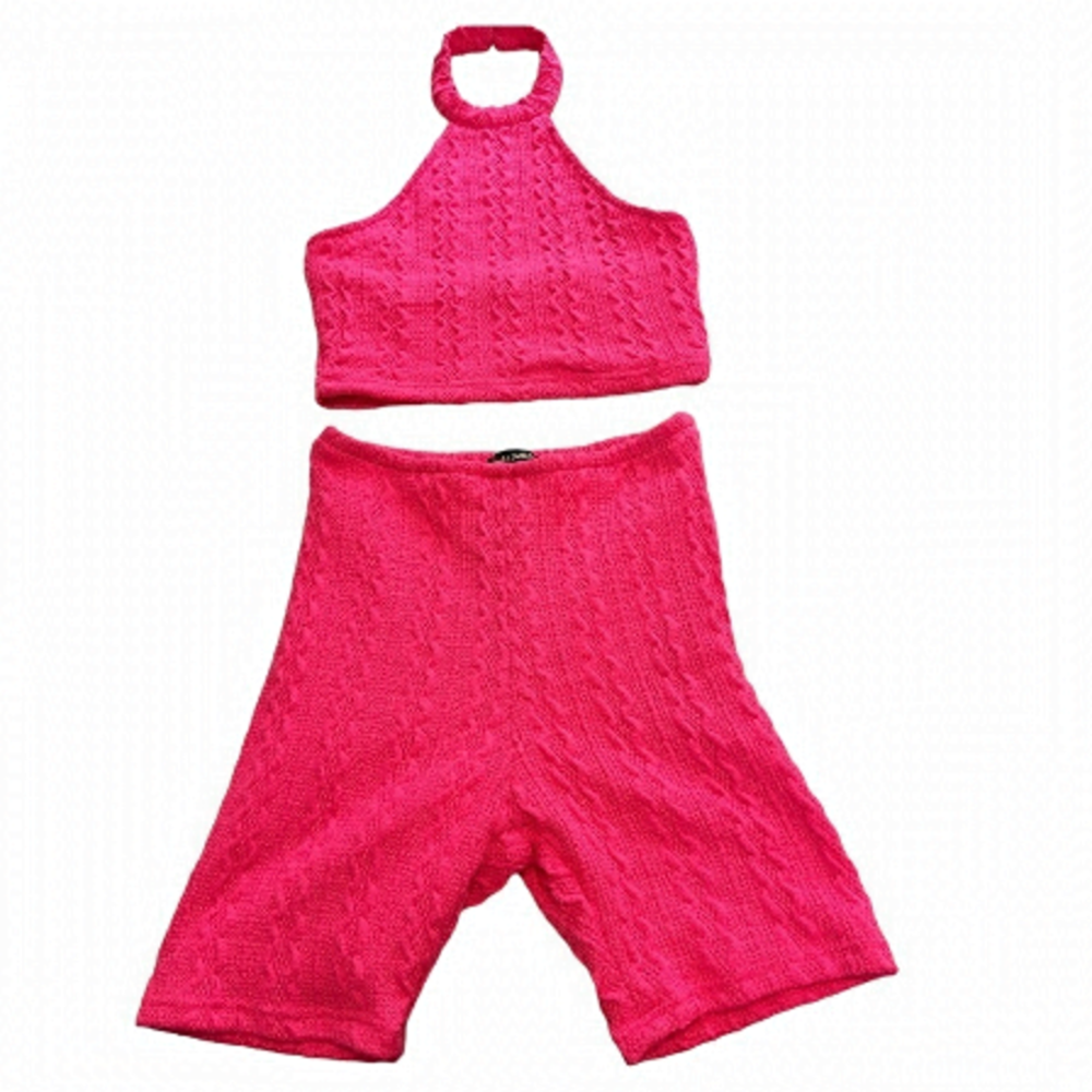 Kaylee Kollection Neon Pink Cableknit, Halter and Shorts, Set Size Medium